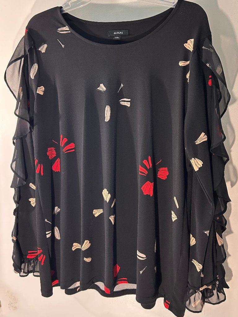 Alfani Black Floral Ruffle Sleeve Blouse Size Medium